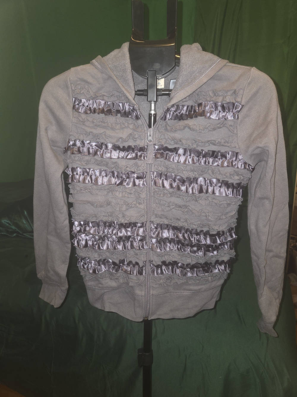 Old Navy Gray Hooded Zip-Up Jacket with Ruffle Stripes